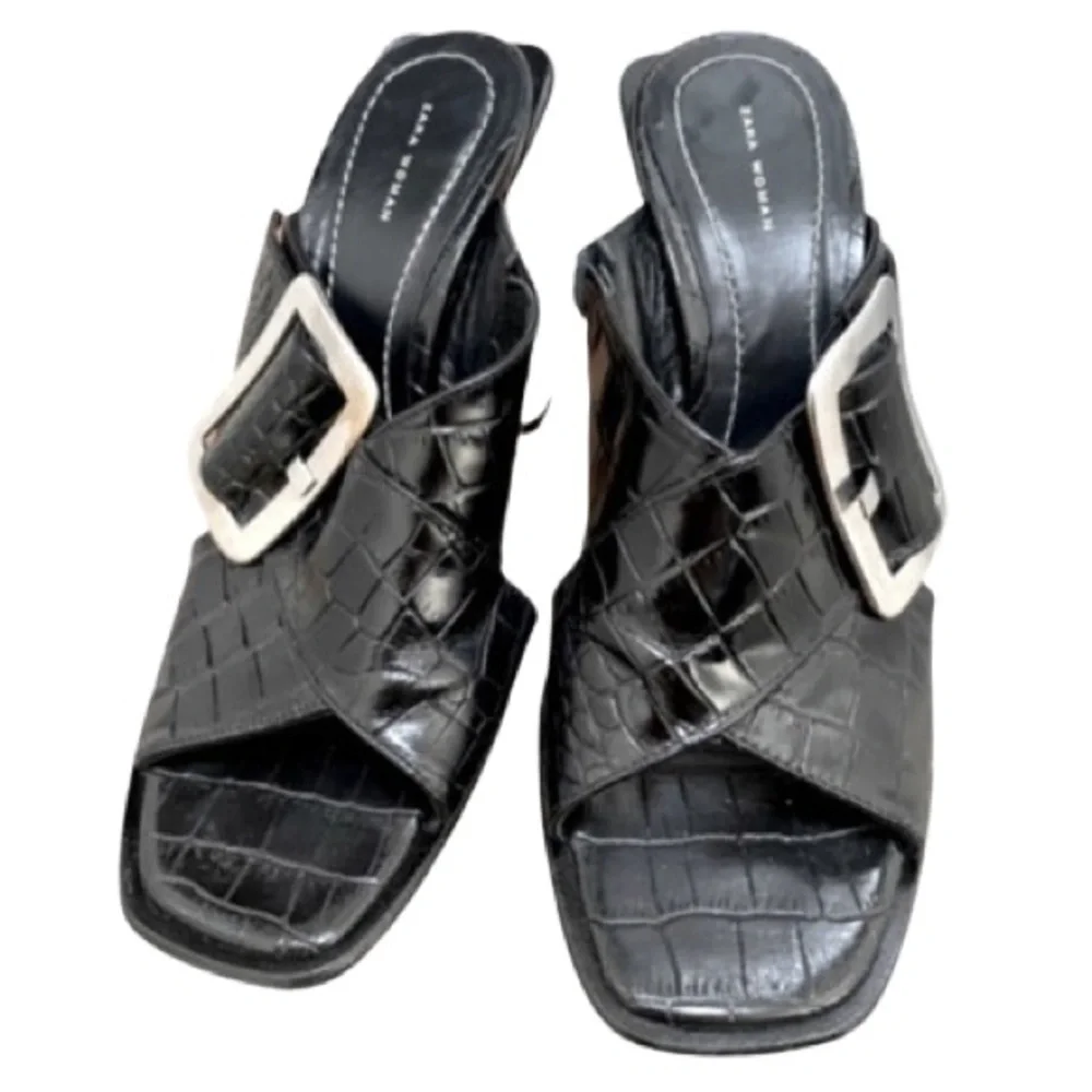 Zara Embossed Crossover Leather Metallic Chrome Mules Sandals High Heels 7.5 - Picture 6 of 14